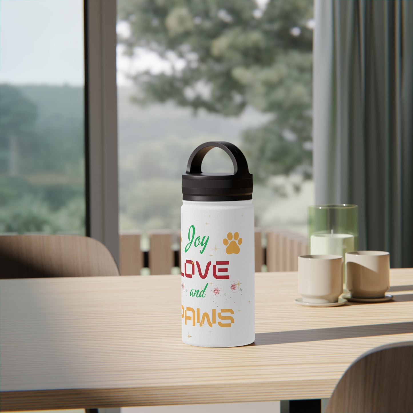 Joy, Love and Paws Stainless Steel Water Bottle, Handle Lid
